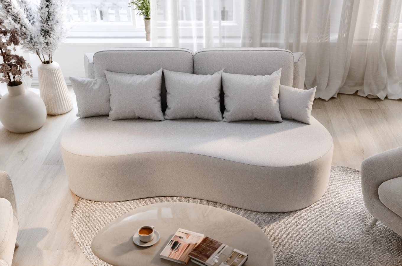 Nowoczesna sofa rozkładana VIVA z funkcją spania i pojemnikiem na pościel / szerokość 216 cm