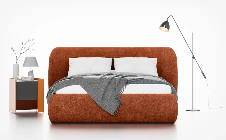 Modne tapicerowane łóżko z szerokim zagłówkiem