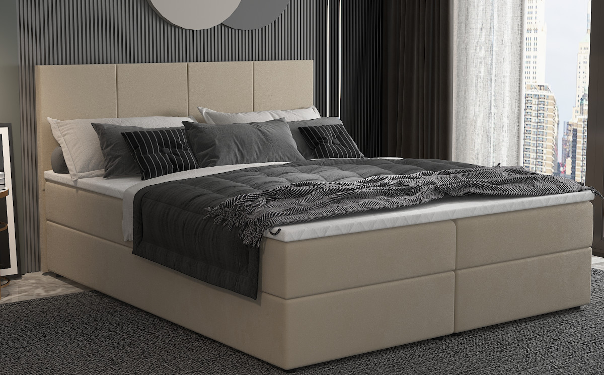Łóżko kontynentalne z tapicerowanym wezgłowiem w prostokątny wzór
