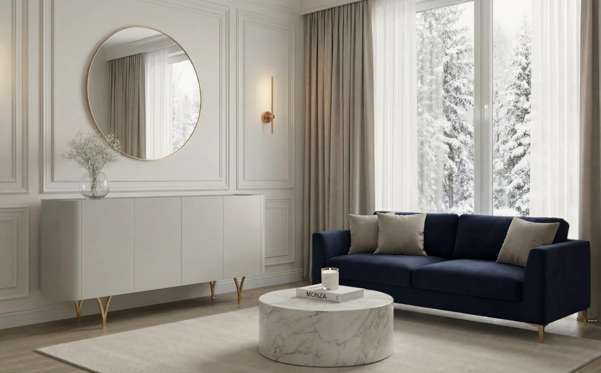 Nowoczesna szara komoda Dancan MONZA ze złotymi nóżkami / szer. 160 cm