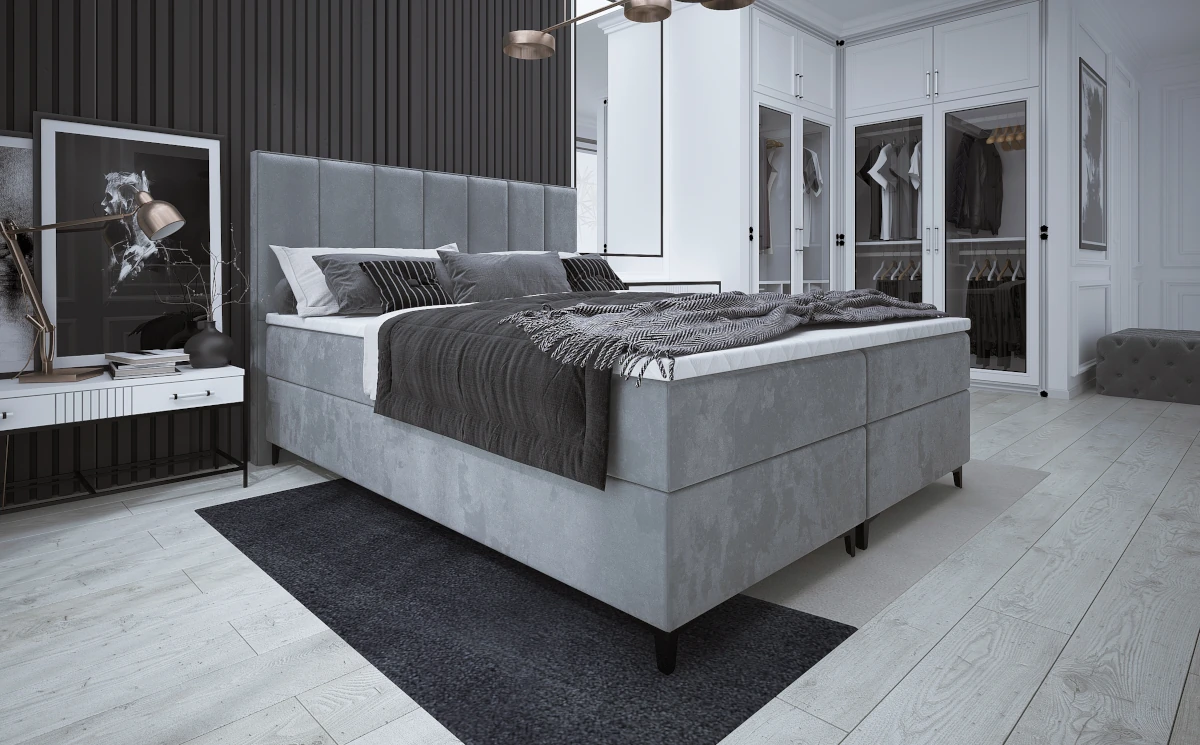 Tapicerowane łóżko kontynentalne ROMA z zagłówkiem z pionowymi przeszyciami