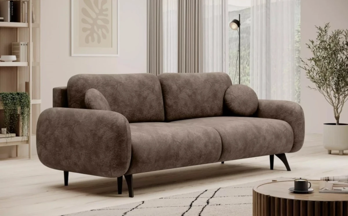 Nowoczesna sofa o obłym kształcie MOMO z funkcją spania i pojemnikiem na pościel / szerokość 222 cm