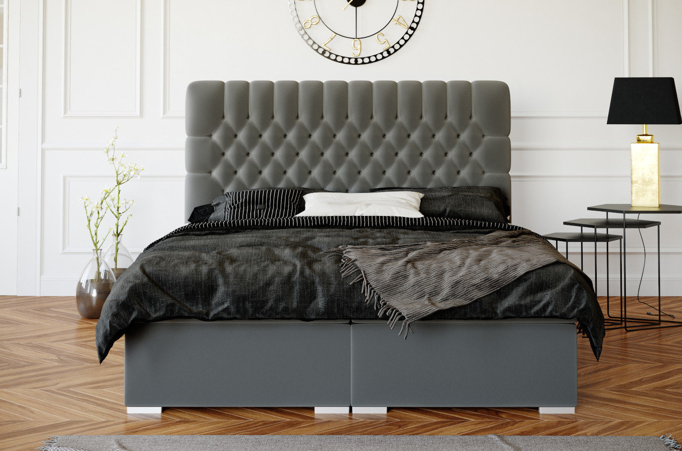 Eleganckie tapicerowane łóżko kontynentalne do sypialni ROYAL z pojemnikiem na pościel