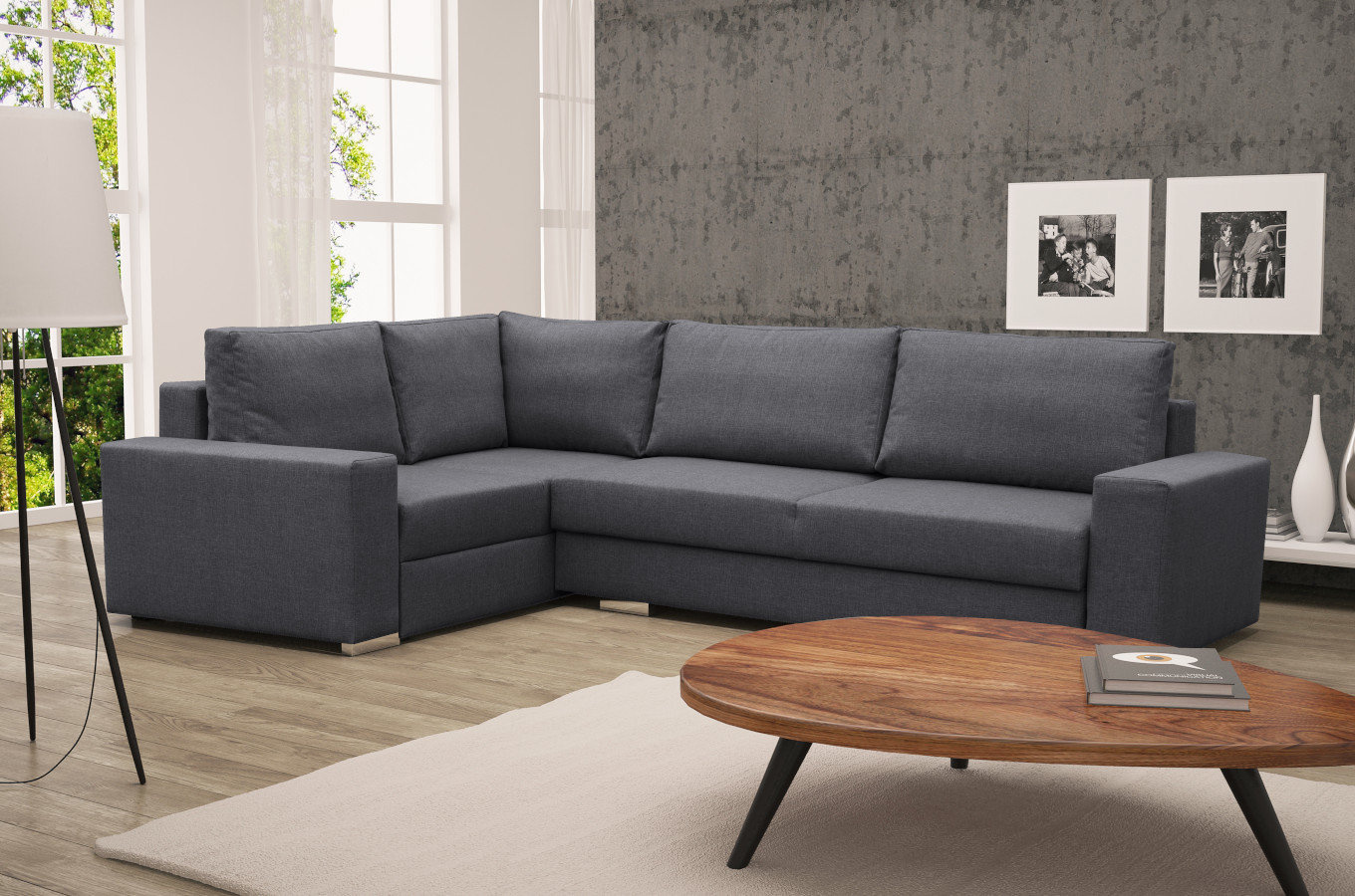 Nowoczesny rozkładany narożnik PEDRO z pojemnikiem na pościel