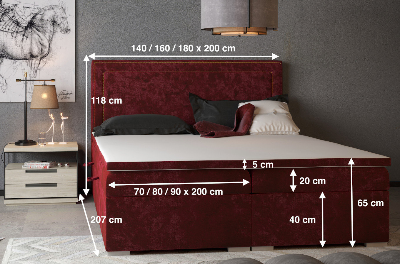 Eleganckie tapicerowane łóżko kontynentalne do sypialni TOMASSO z pojemnikiem na pościel