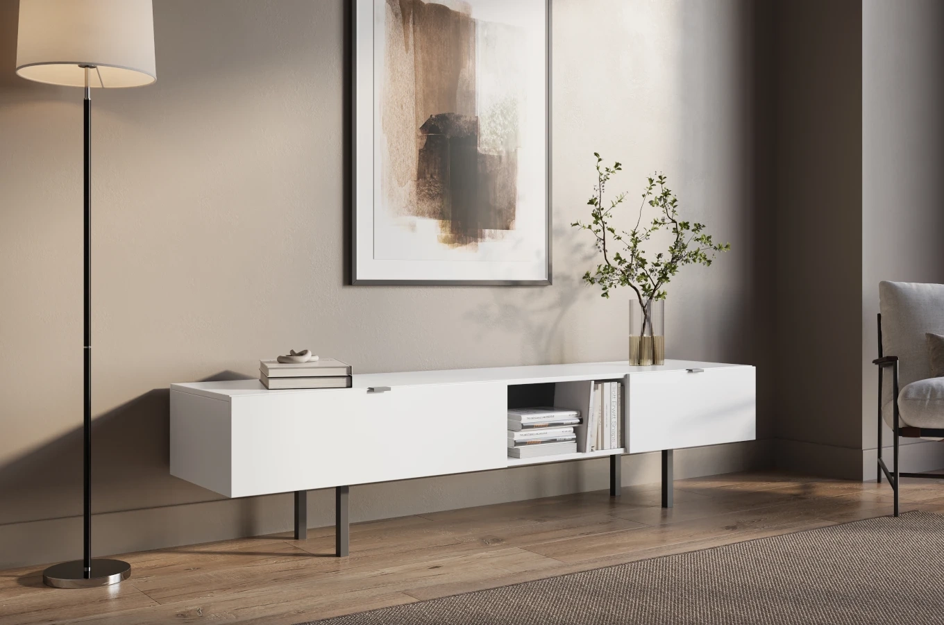 Nowoczesna biała szafka RTV z szufladą Skandica MYWAY / szer. 180 cm