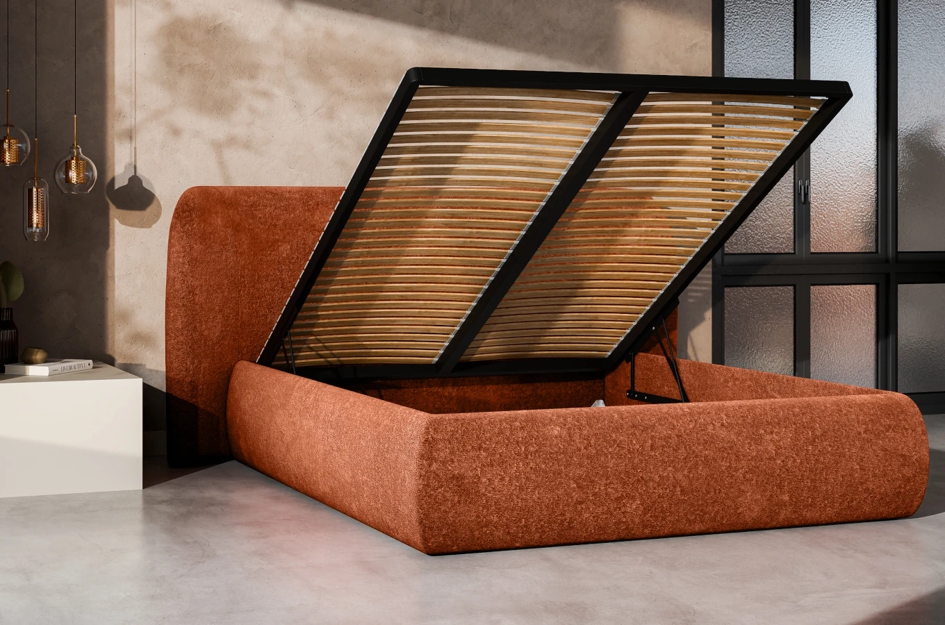 Tapicerowane łóżko SIMBA ze skrzynią na pościel