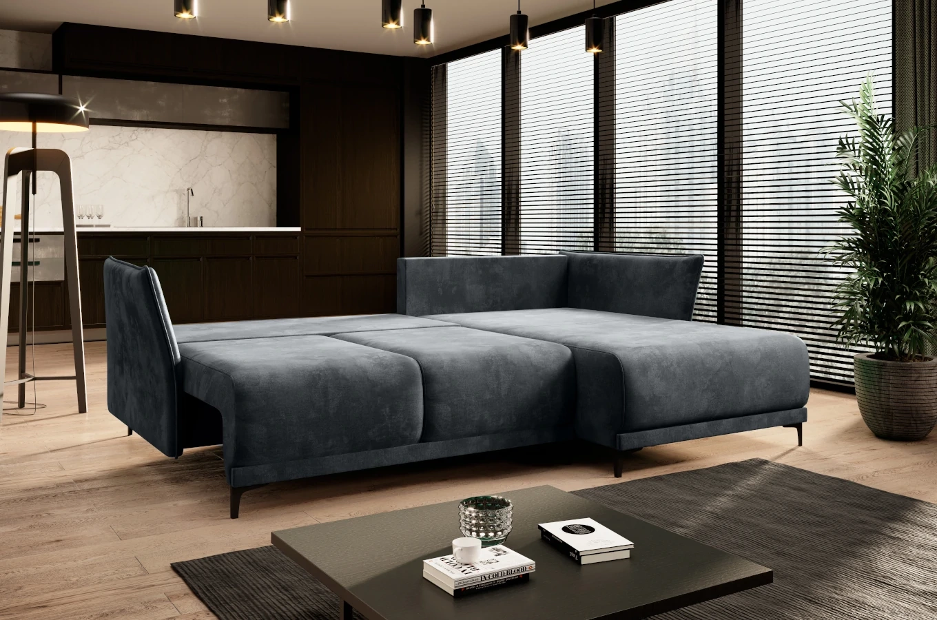 Nowoczesny narożnik MORGAN z funkcją spania i pojemnikiem na pościel