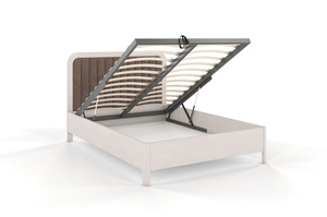 Tapicerowane łóżko drewniane bukowe Visby MODENA BC z wysokim zagłówkiem / 120x200 cm, kolor biały, zagłówek Casablanca 2306 (skrzynia na pościel)