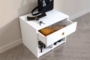 Biała szafka - siedzisko z półkami i szufladą Dancan MIRAGE wysoki połysk / szer. 54 cm