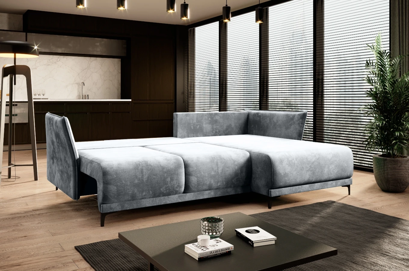 Nowoczesny narożnik MORGAN z funkcją spania i pojemnikiem na pościel