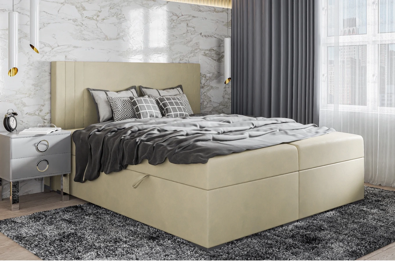 Eleganckie tapicerowane łóżko kontynentalne do sypialni AUGUST z pojemnikiem na pościel