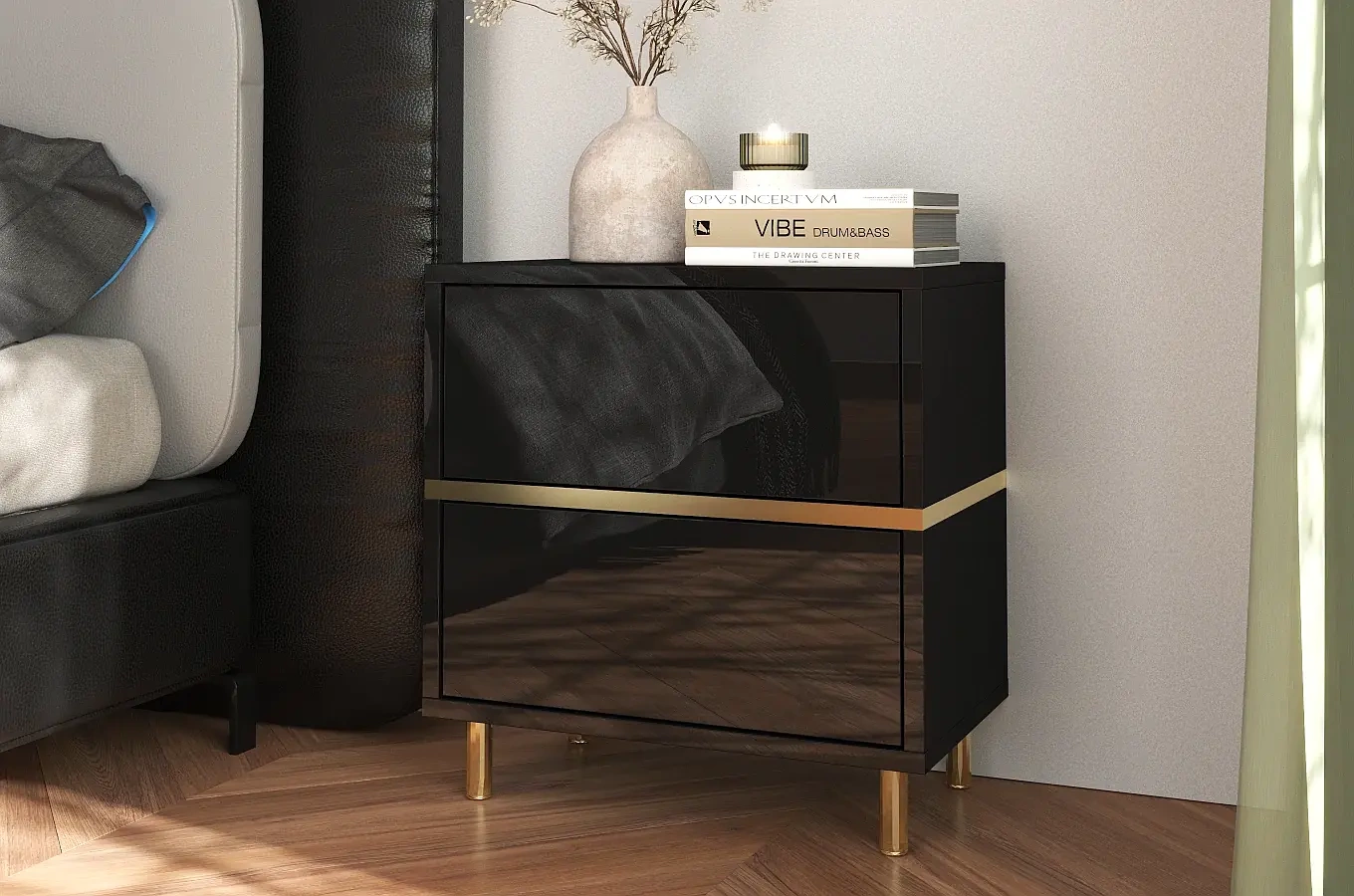 Elegancka czarna szafka nocna Dancan MARIKA ze złotymi dodatkami / szer. 49 cm