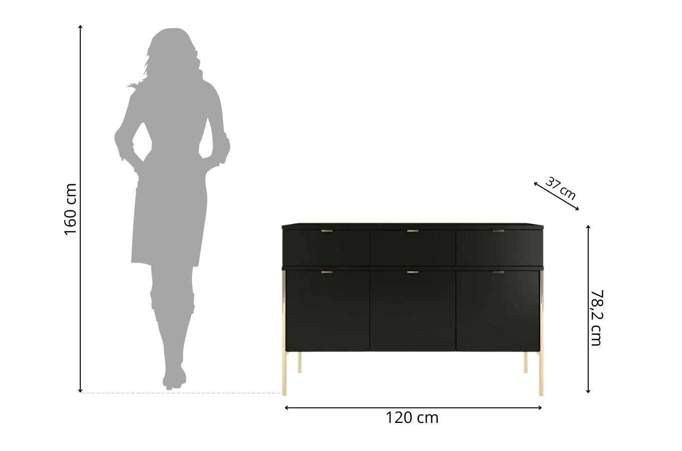 Elegancka czarna komoda do salonu Skandica POLKA na złotych nóżkach / szer. 120 cm