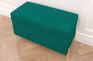 Zielona tapicerowana ławka Dancan BORGO z pojemnikiem, na złotych metalowych nogach