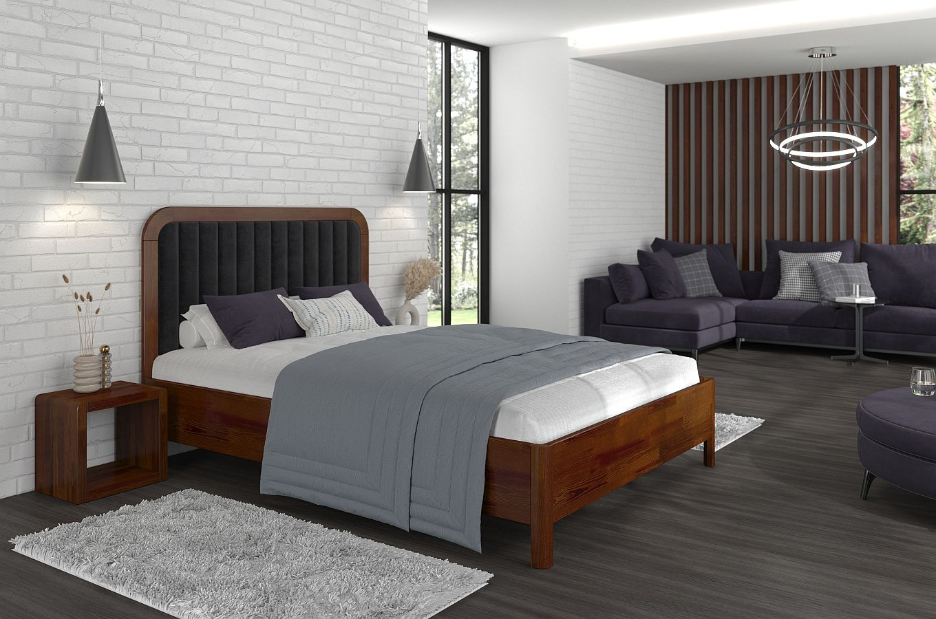 Tapicerowane łóżko drewniane sosnowe Visby MODENA BC z wysokim zagłówkiem (skrzynia na pościel)