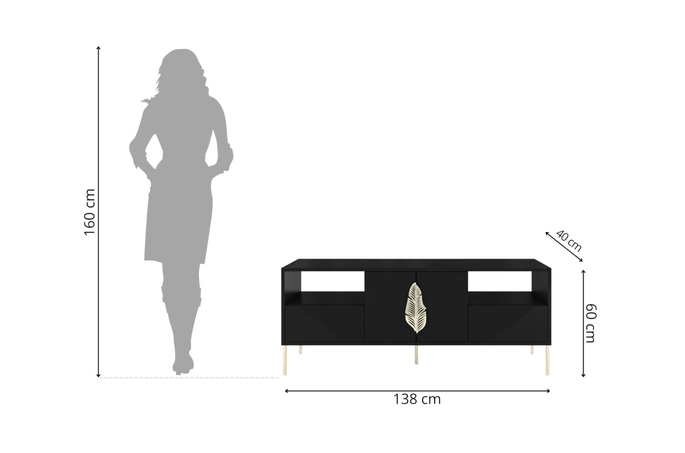 Czarna komoda RTV Skandica MERLIN ze złotymi dodatkami / szer. 138 cm
