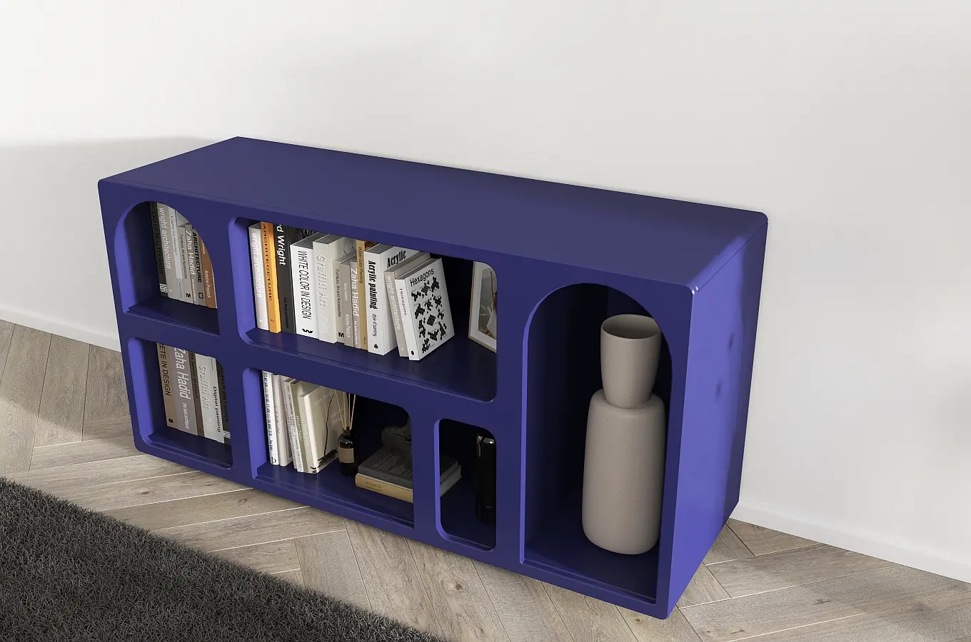 Drewniana komoda - regał - szafka RTV z łukami Visby OLIMPIA LONG / kolor granat szlachetny / szer. 140 cm