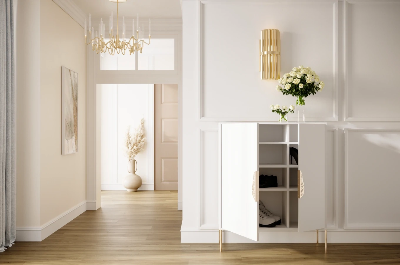 Biała komoda / szafka na buty Skandica MERLIN ze złotymi dodatkami / szer. 100 cm