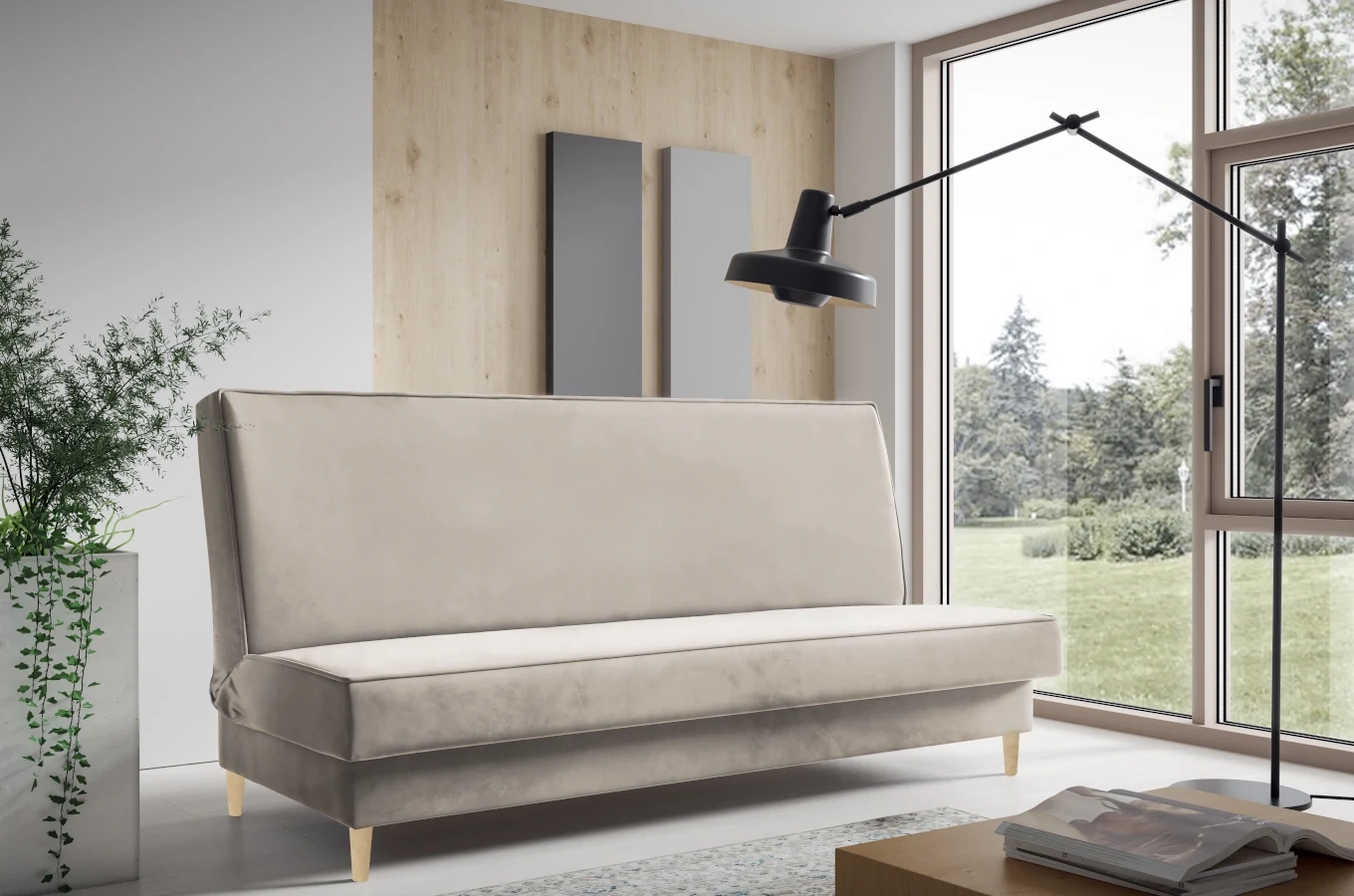 Nowoczesna sofa GOJA w skandynawskim stylu z funkcją spania i pojemnikiem na pościel