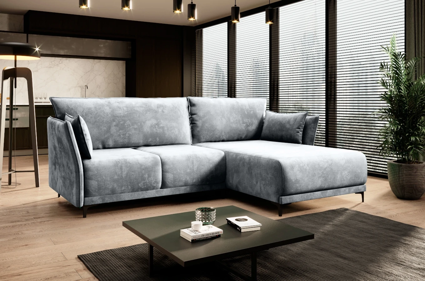 Nowoczesny narożnik MORGAN z funkcją spania i pojemnikiem na pościel