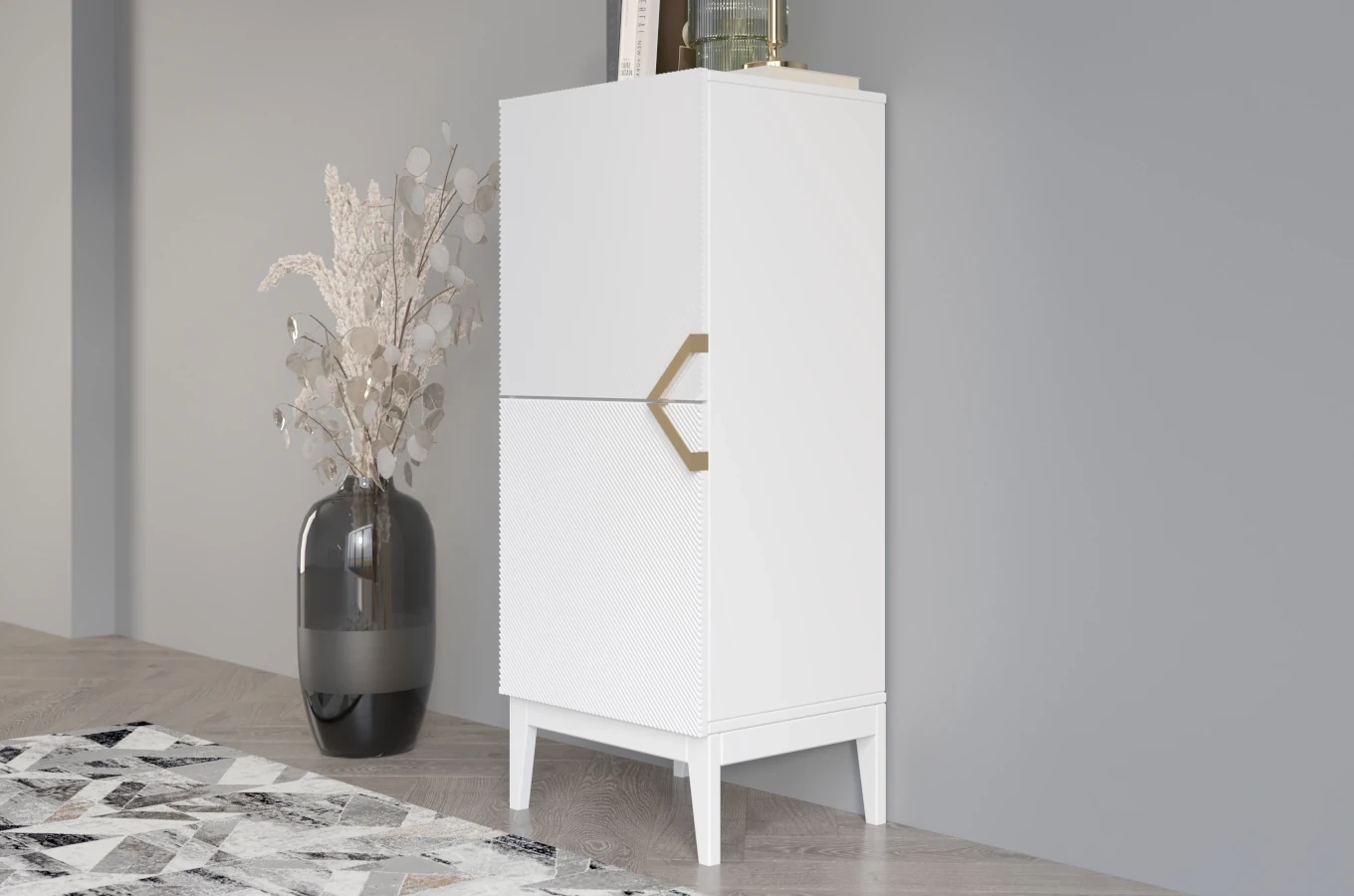 Drewniana komoda Visby DEMI HIGH 2D / kolor biały + białe nogi / szer. 50,5 cm