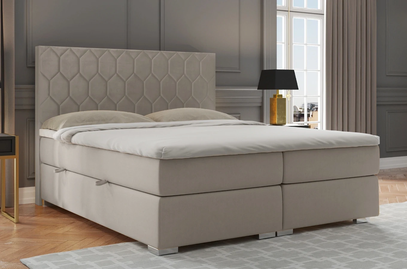 Eleganckie tapicerowane łóżko kontynentalne do sypialni NICOLA z pojemnikiem na pościel