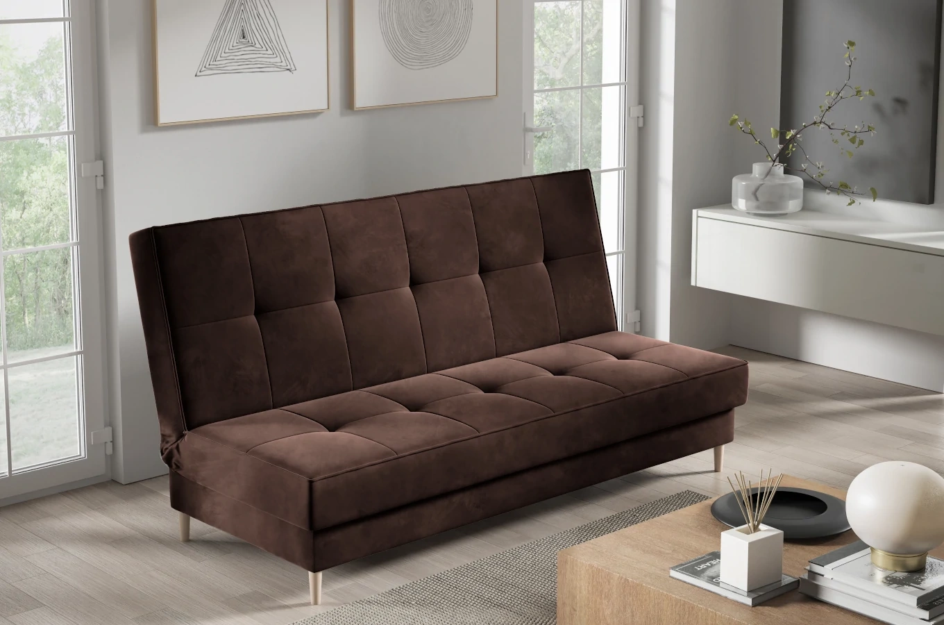 Nowoczesna sofa IRINA w skandynawskim stylu z funkcją spania i pojemnikiem na pościel