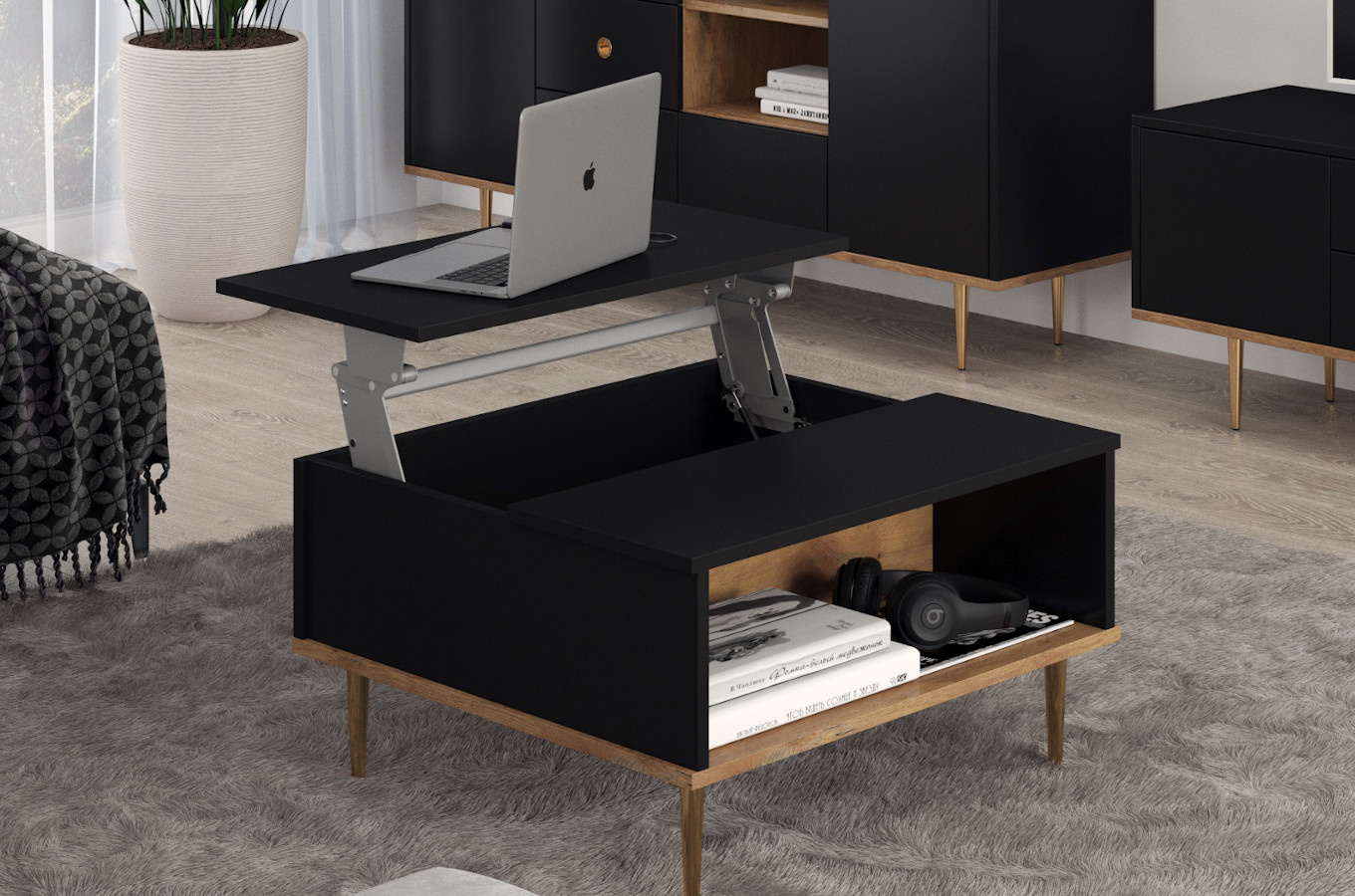 Czarny nowoczesny stolik kawowy Skandica HARMONI z otwieranym blatem