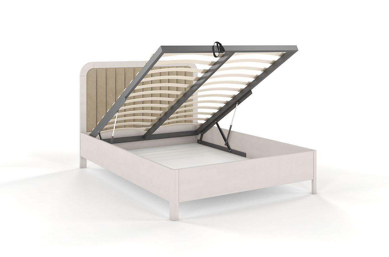 Tapicerowane łóżko drewniane bukowe Visby MODENA BC z wysokim zagłówkiem / 200x200 cm, kolor biały, zagłówek Casablanca 2303 (skrzynia na pościel)