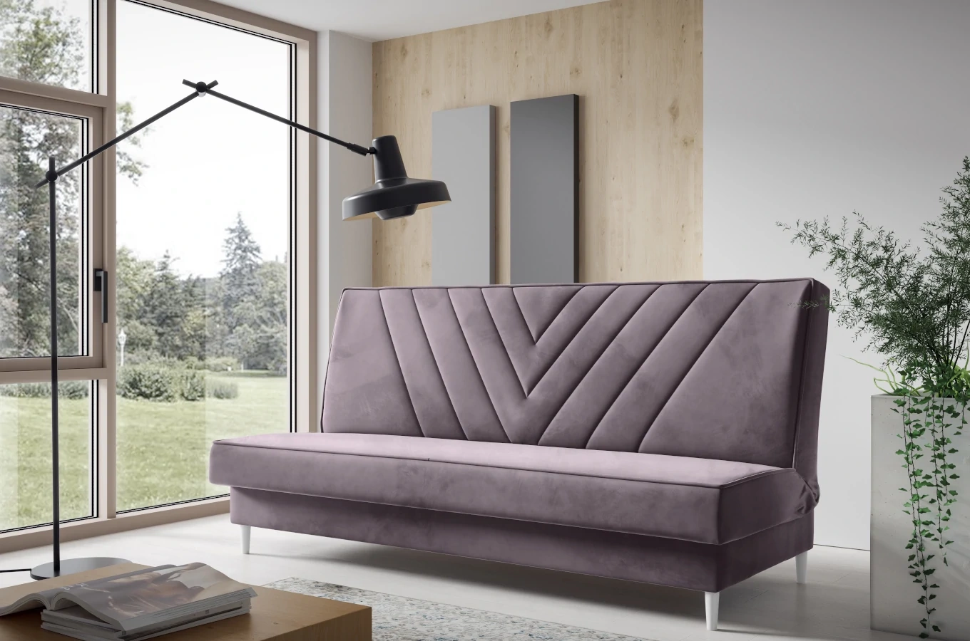 Nowoczesna sofa VAIANA w skandynawskim stylu z funkcją spania i pojemnikiem na pościel