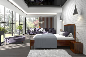 Tapicerowane łóżko drewniane sosnowe Visby MODENA BC z wysokim zagłówkiem / 180x200 cm, kolor orzech, zagłówek Casablanca 2316 (skrzynia na pościel)