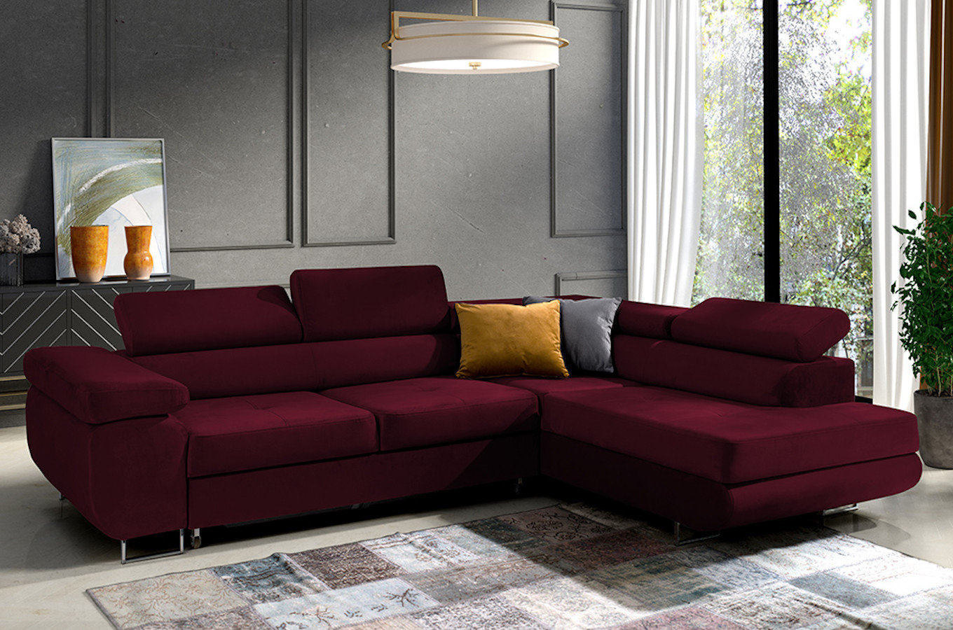 Nowoczesny narożnik DAJTI z funkcją spania, pojemnikiem na pościel oraz regulowanymi zagłówkami