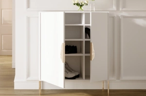 Biała komoda / szafka na buty Skandica MERLIN ze złotymi dodatkami / szer. 100 cm