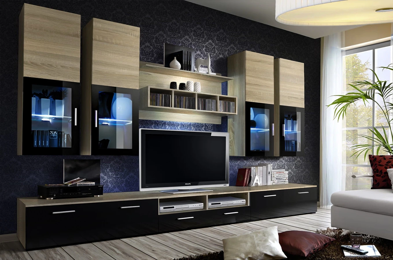 Meblościanka LYRA NIGHT / korpus biały mat, front biały połysk