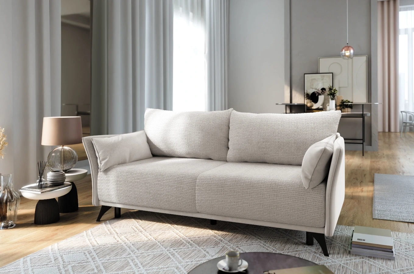 Nowoczesna sofa rozkładana EMMA z funkcją spania i pojemnikiem na pościel / szerokość 223 cm