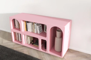 Drewniana komoda - regał - szafka RTV z łukami Visby OLIMPIA LONG / kolor pudrowy róż / szer. 140 cm