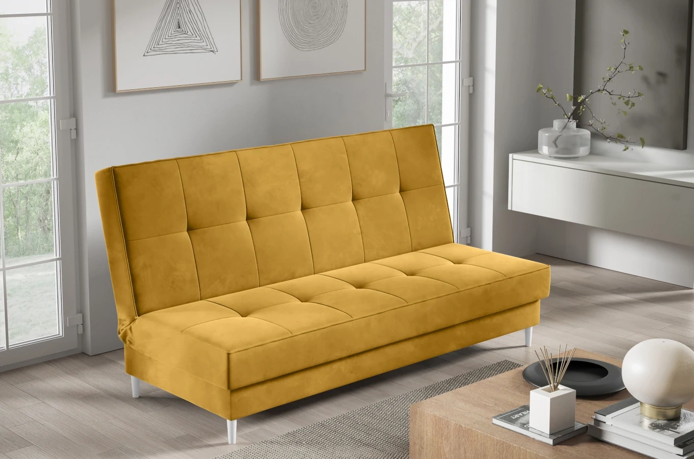 Nowoczesna sofa IRINA w skandynawskim stylu z funkcją spania i pojemnikiem na pościel