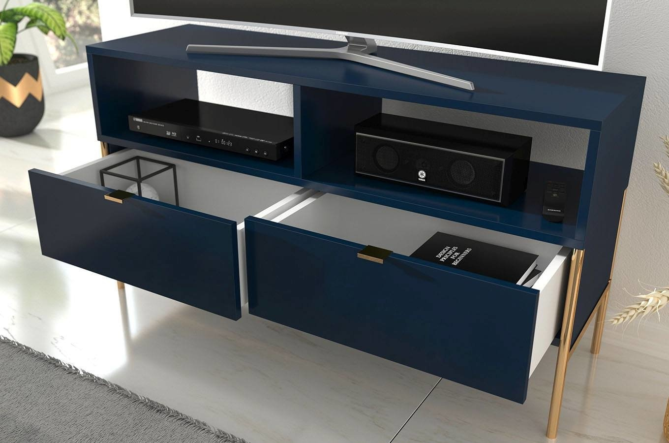 Elegancka granatowa komoda RTV Skandica POLKA na złotych nóżkach / szer. 120 cm