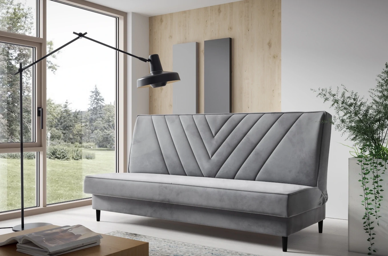 Nowoczesna sofa VAIANA w skandynawskim stylu z funkcją spania i pojemnikiem na pościel