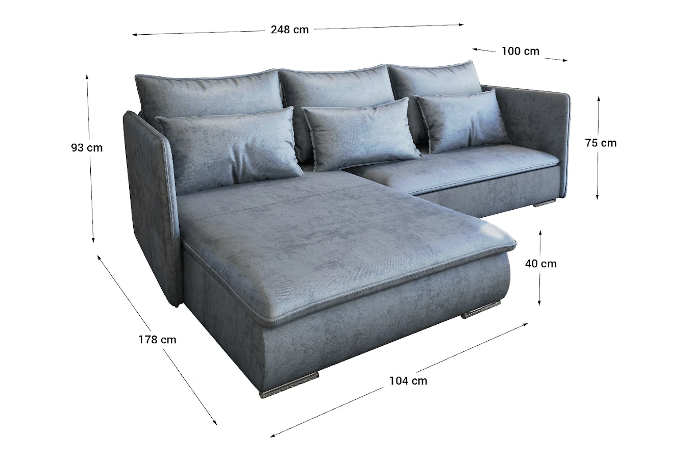 Nowoczesny narożnik SELAVI z funkcją spania i pojemnikiem na pościel