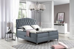 Tapicerowane łóżko kontynentalne PARLA z pikowaniem karo na zagłówku