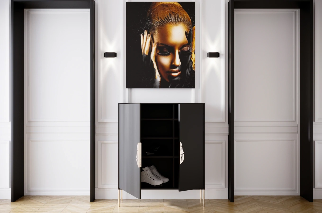 Czarna komoda / szafka na buty Skandica MERLIN ze złotymi dodatkami / szer. 100 cm