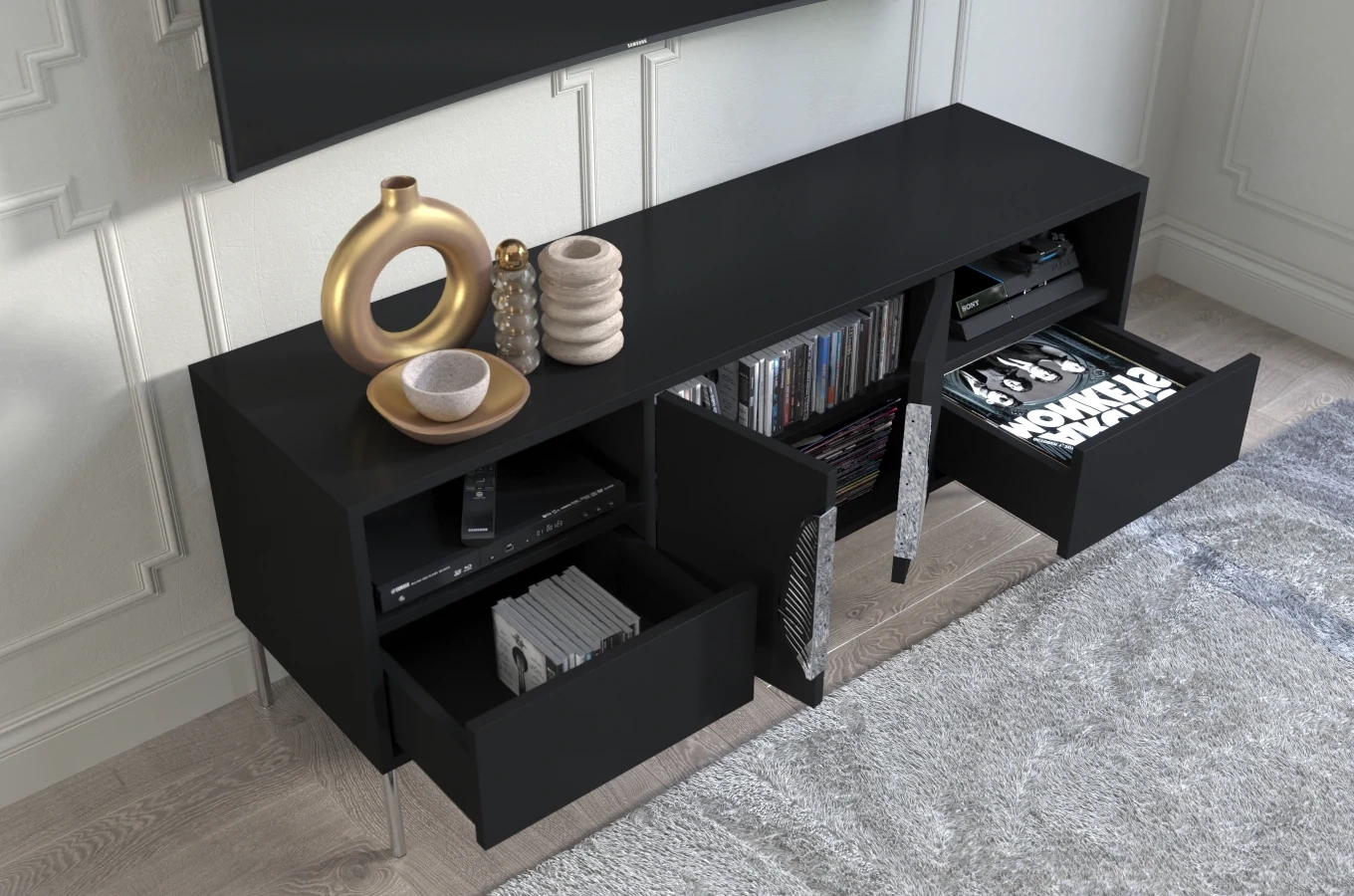 Czarna komoda RTV Skandica MERLIN ze srebrnymi dodatkami / szer. 138 cm