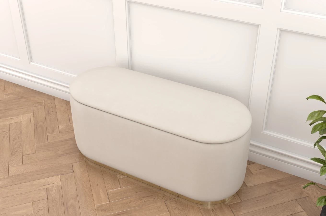 Beżowy owalny puf ze schowkiem Dancan SCARLETT na złotej podstawie