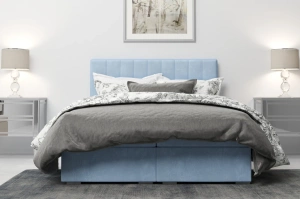 Eleganckie tapicerowane łóżko kontynentalne do sypialni CAREN z pojemnikiem na pościel
