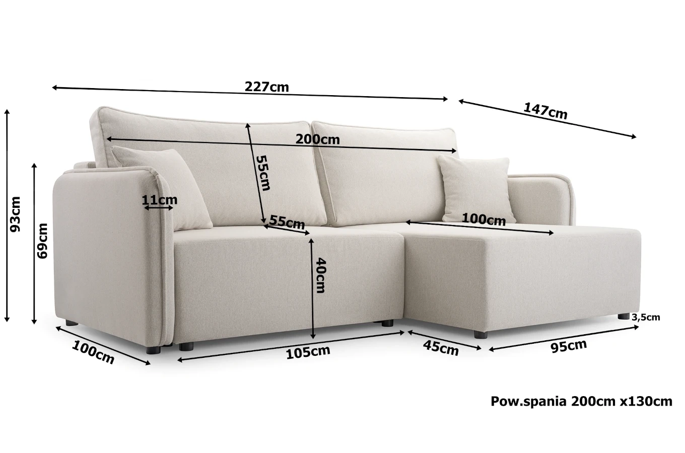 Nowoczesny rozkładany narożnik MUSA z pojemnikiem na pościel