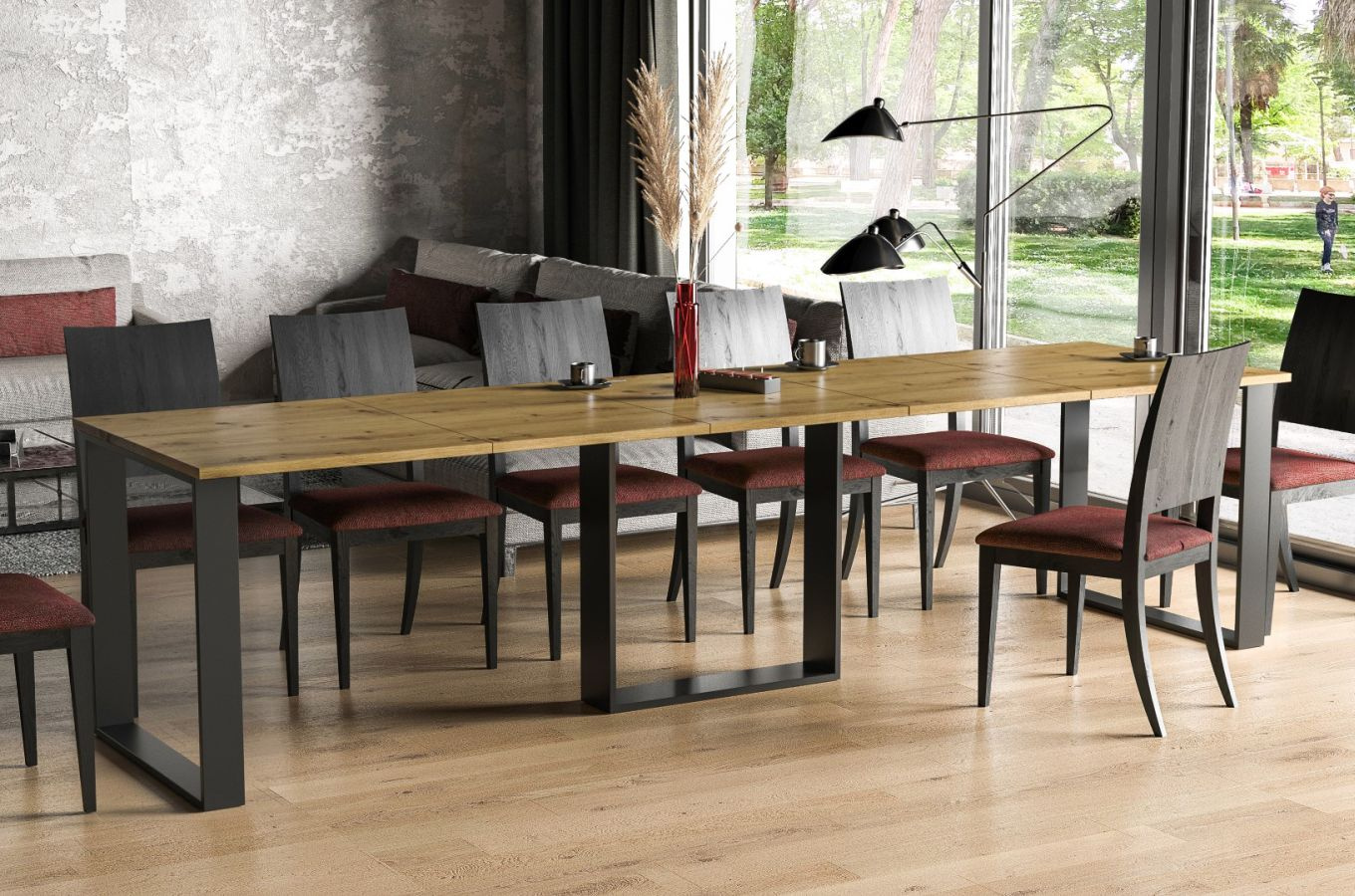 Nowoczesny rozkładany stół BORYS BIS na metalowych nogach 130-310 x 90 cm (dąb artisan)