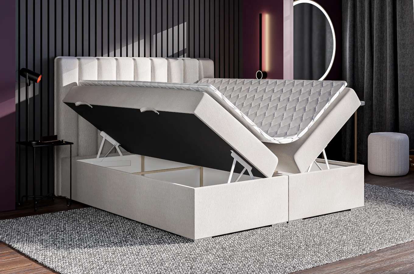 Eleganckie tapicerowane łóżko kontynentalne do sypialni CAREN z pojemnikiem na pościel