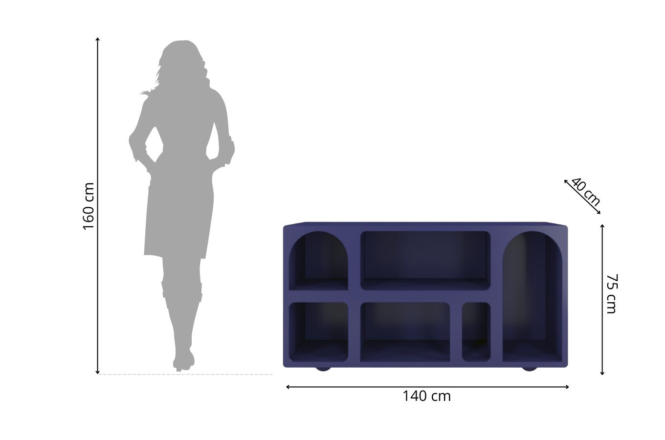 Drewniana komoda - regał - szafka RTV z łukami Visby OLIMPIA LONG / kolor granat szlachetny / szer. 140 cm